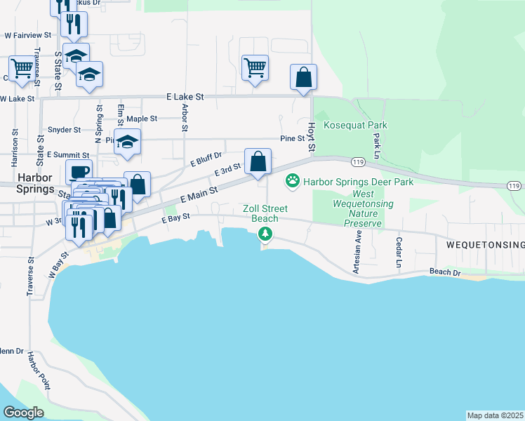 map of restaurants, bars, coffee shops, grocery stores, and more near 145 Zoll Street in Harbor Springs