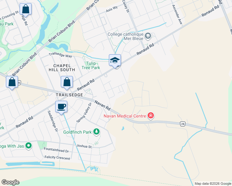 map of restaurants, bars, coffee shops, grocery stores, and more near 632 Birkhill Place in Ottawa