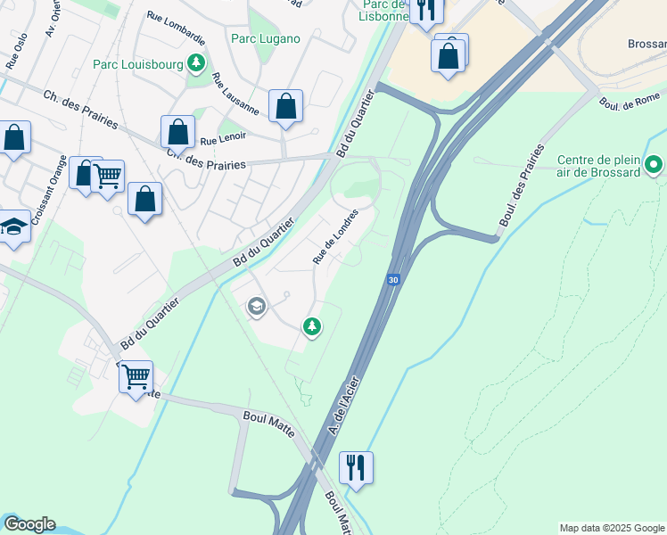 map of restaurants, bars, coffee shops, grocery stores, and more near 9185 Rue Lennon in Brossard