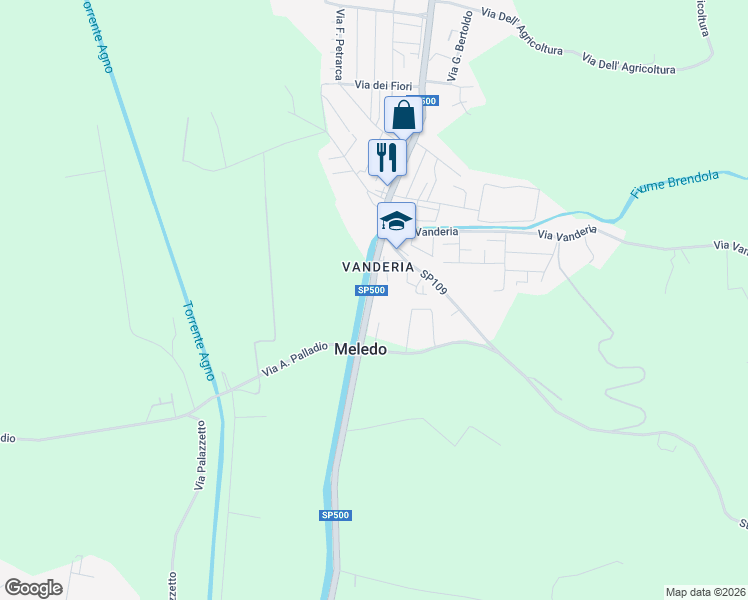 map of restaurants, bars, coffee shops, grocery stores, and more near 57 Via G. G. Trissino in Meledo