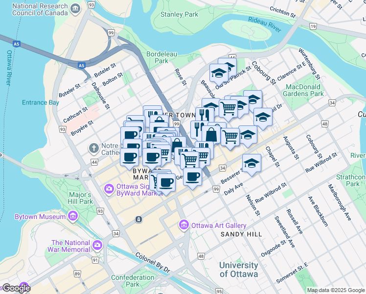map of restaurants, bars, coffee shops, grocery stores, and more near 209 York Street in Ottawa