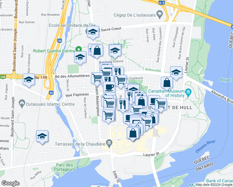 map of restaurants, bars, coffee shops, grocery stores, and more near 128 Rue Papineau in Gatineau