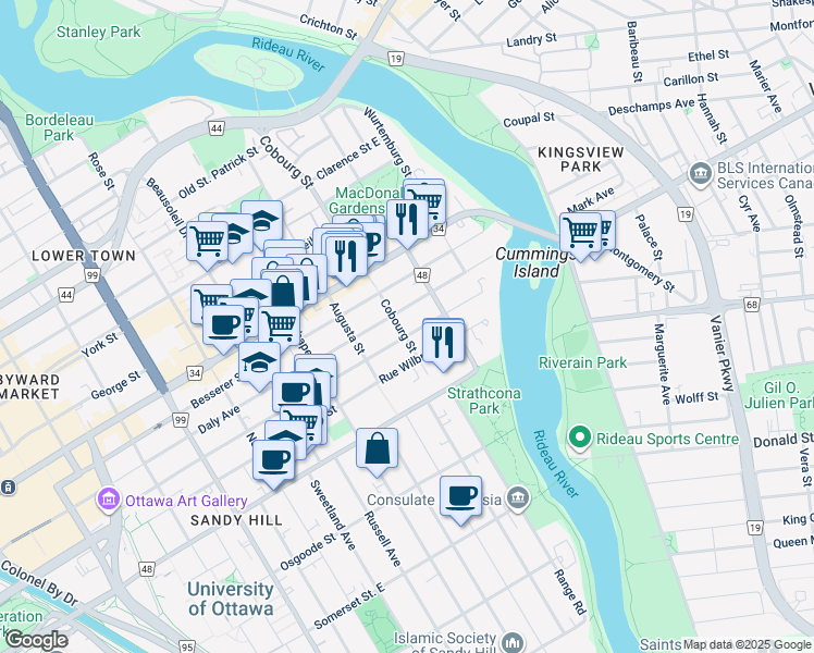 map of restaurants, bars, coffee shops, grocery stores, and more near 219 Cobourg Street in Ottawa