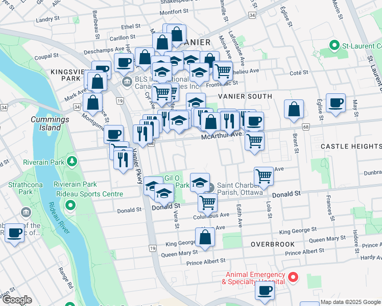 map of restaurants, bars, coffee shops, grocery stores, and more near 376 Crete Place in Ottawa