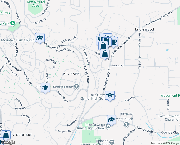 map of restaurants, bars, coffee shops, grocery stores, and more near 206 Greenridge Drive in Lake Oswego