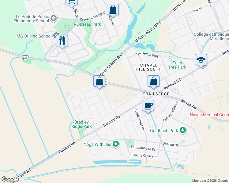 map of restaurants, bars, coffee shops, grocery stores, and more near 3008 Navan Road in Ottawa