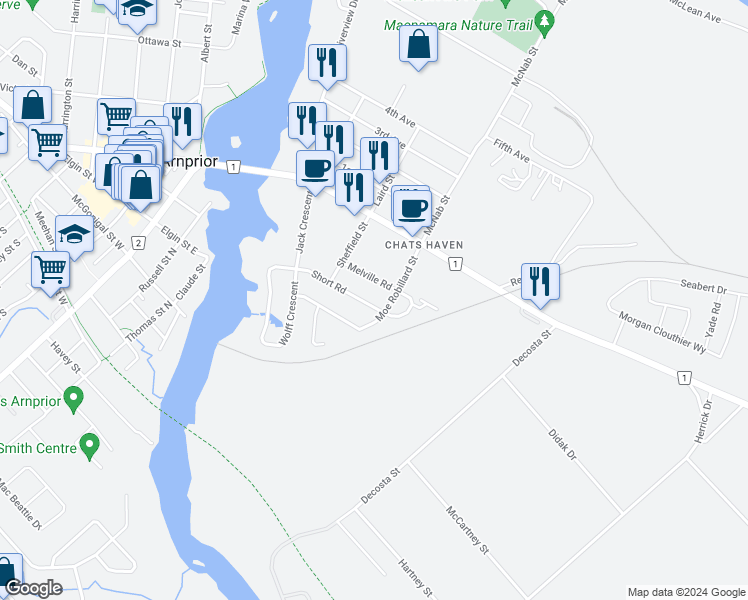 map of restaurants, bars, coffee shops, grocery stores, and more near 78 Short Road in Arnprior