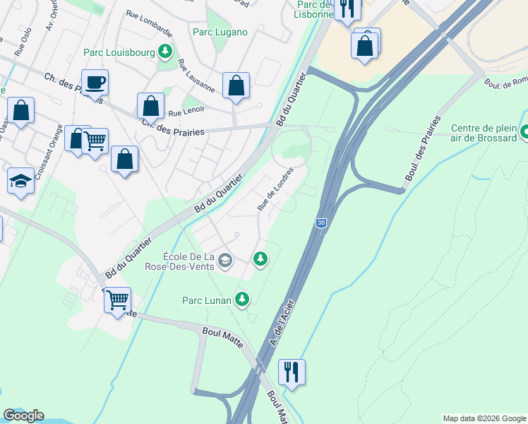 map of restaurants, bars, coffee shops, grocery stores, and more near 8265 Rue de Londres in Brossard