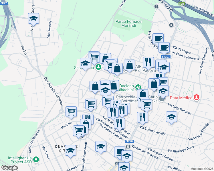 map of restaurants, bars, coffee shops, grocery stores, and more near 26 Via Giovanni Segantini in Padova