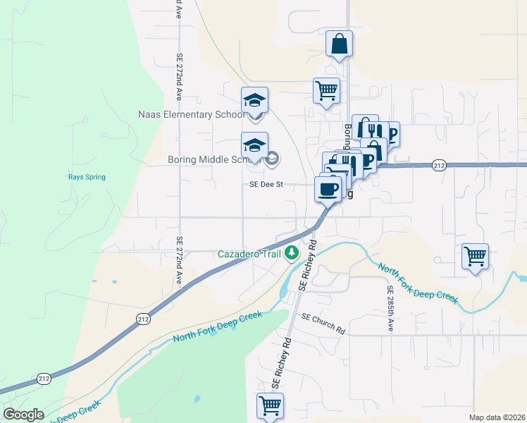 map of restaurants, bars, coffee shops, grocery stores, and more near 27677 Southeast Wally Road in Boring