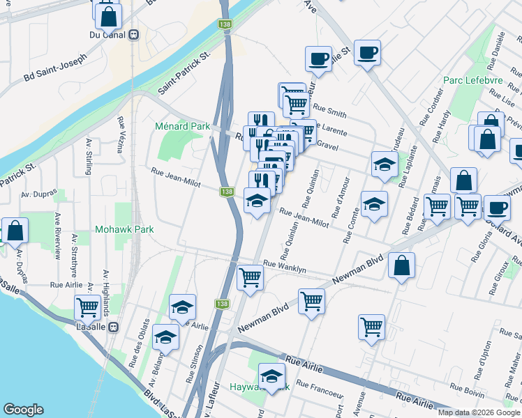 map of restaurants, bars, coffee shops, grocery stores, and more near 9556 Rue Jean-Milot in Montréal