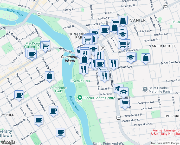 map of restaurants, bars, coffee shops, grocery stores, and more near in Ottawa