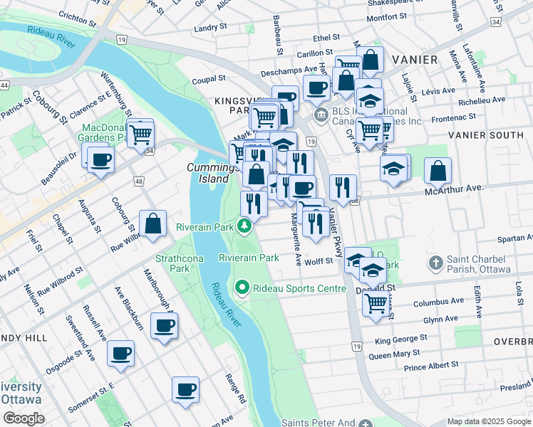 map of restaurants, bars, coffee shops, grocery stores, and more near in Ottawa