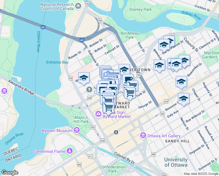 map of restaurants, bars, coffee shops, grocery stores, and more near 274 Dalhousie Street in Ottawa