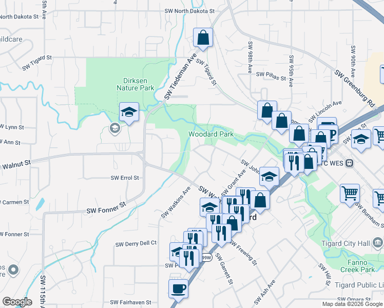 map of restaurants, bars, coffee shops, grocery stores, and more near 10340 Southwest Johnson Street in Tigard