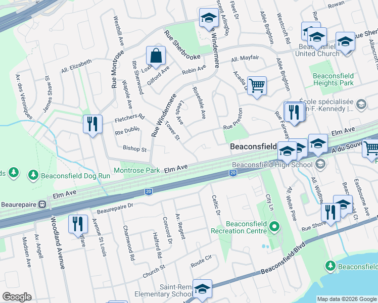 map of restaurants, bars, coffee shops, grocery stores, and more near 140 Tower Street in Beaconsfield