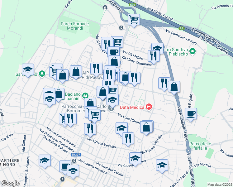 map of restaurants, bars, coffee shops, grocery stores, and more near 4 Via San Giuseppe Cottolengo in Padova