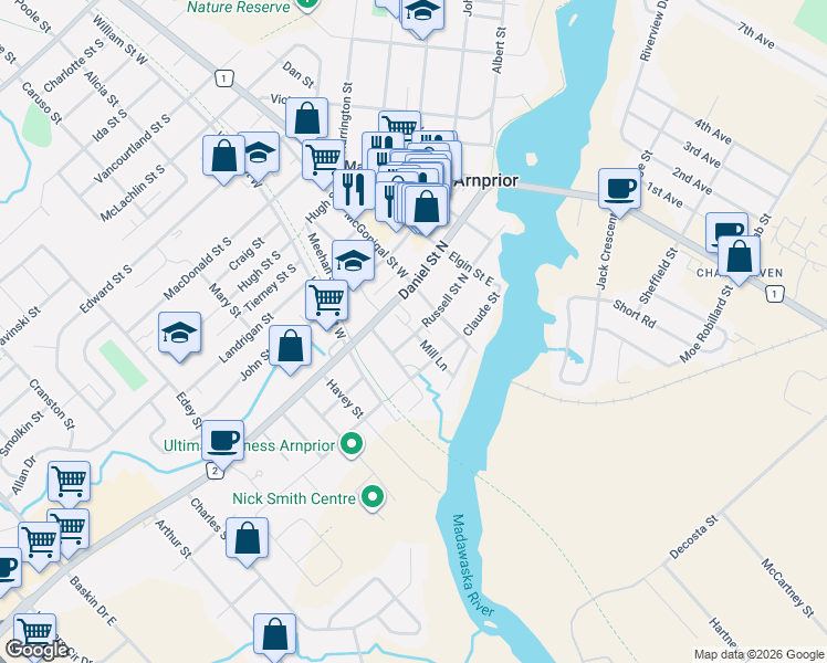 map of restaurants, bars, coffee shops, grocery stores, and more near 58 Russell Street North in Arnprior