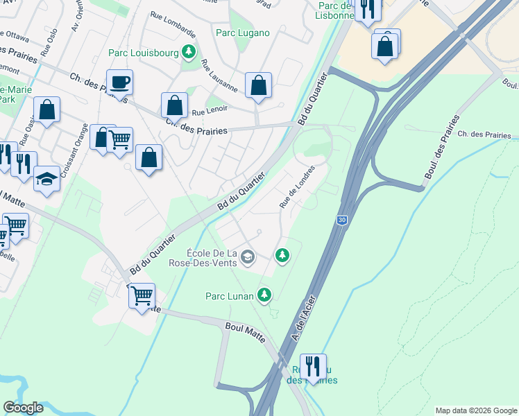 map of restaurants, bars, coffee shops, grocery stores, and more near 6155 Rue de Lusa in Brossard