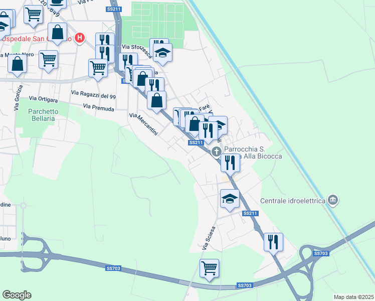 map of restaurants, bars, coffee shops, grocery stores, and more near 9 Via Nicolò Tommaseo in Novara
