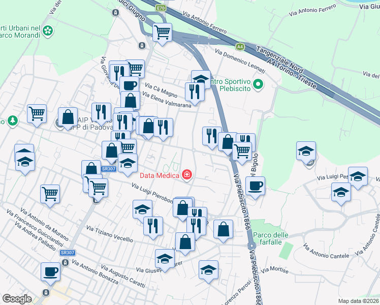 map of restaurants, bars, coffee shops, grocery stores, and more near 30 Via Cardinale Callegari in Padova