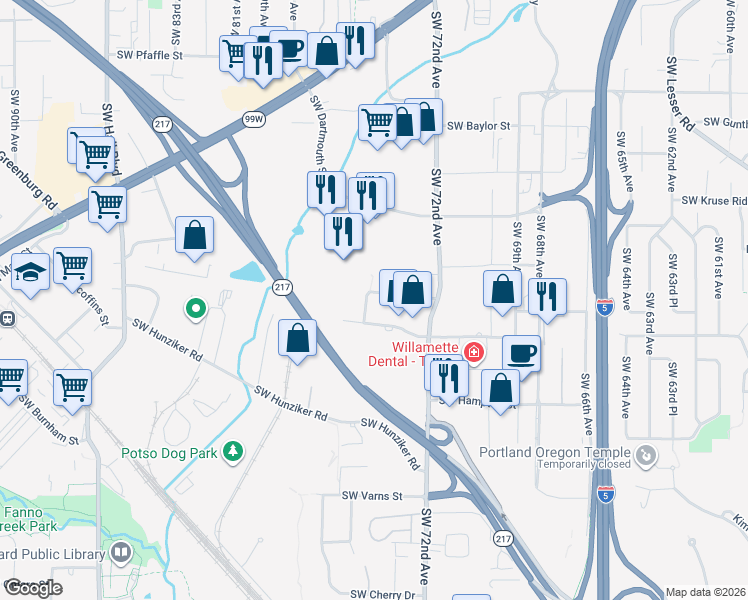 map of restaurants, bars, coffee shops, grocery stores, and more near 7540 Southwest Hermoso Way in Tigard