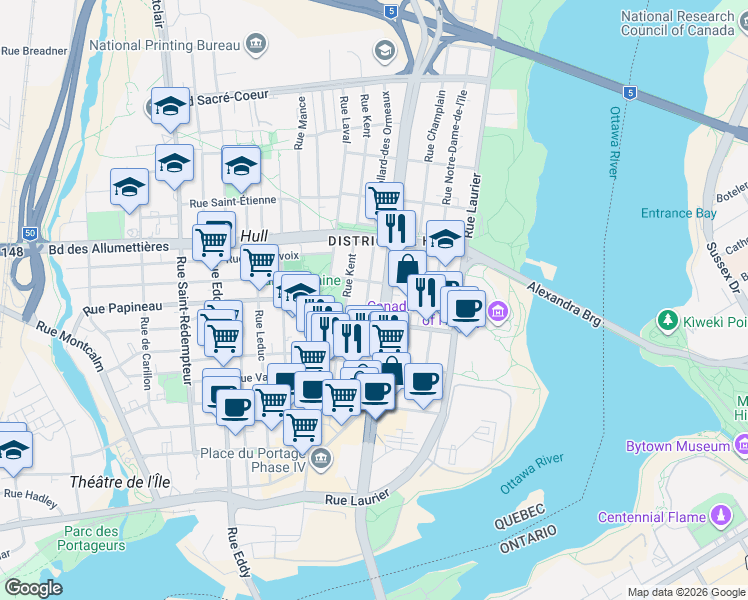 map of restaurants, bars, coffee shops, grocery stores, and more near 78 Rue Dollard-des Ormeaux in Gatineau