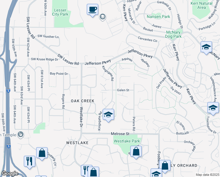 map of restaurants, bars, coffee shops, grocery stores, and more near 5099 Galen Street in Lake Oswego