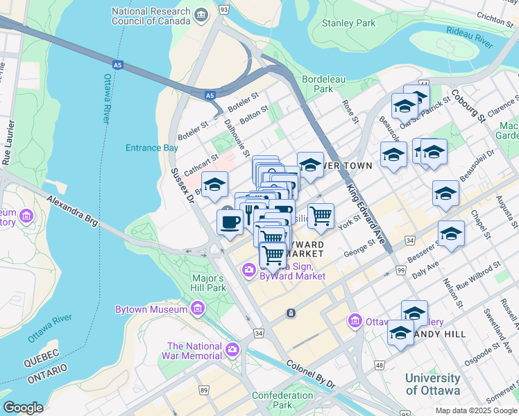 map of restaurants, bars, coffee shops, grocery stores, and more near 215 Saint Patrick Street in Ottawa