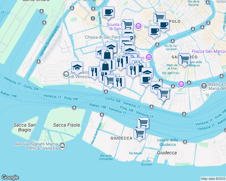 map of restaurants, bars, coffee shops, grocery stores, and more near Sestiere di Dorsoduro in Venice