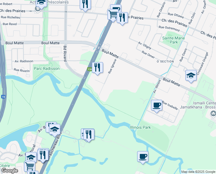 map of restaurants, bars, coffee shops, grocery stores, and more near 9625 Rue Ignace in Brossard