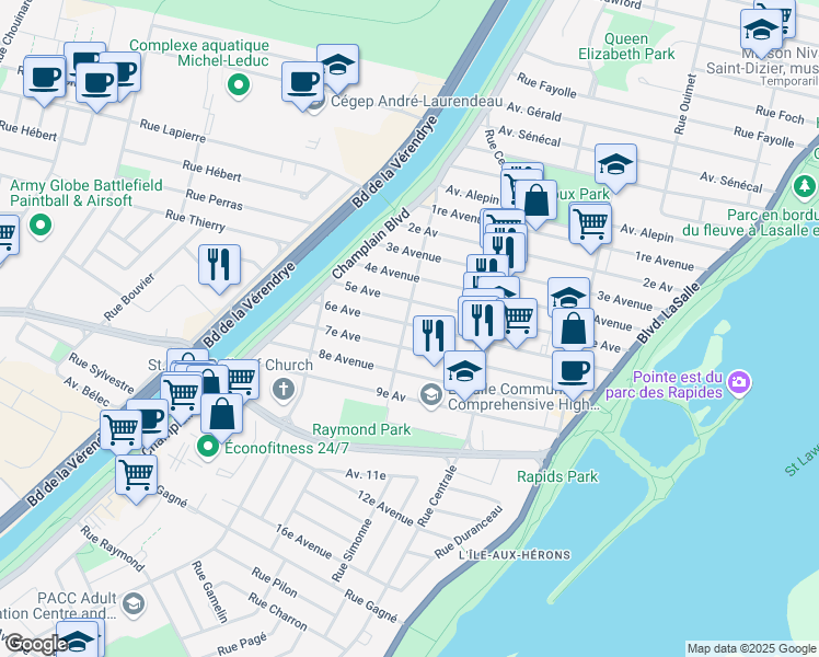 map of restaurants, bars, coffee shops, grocery stores, and more near 7684 Rue Broadway in Montréal