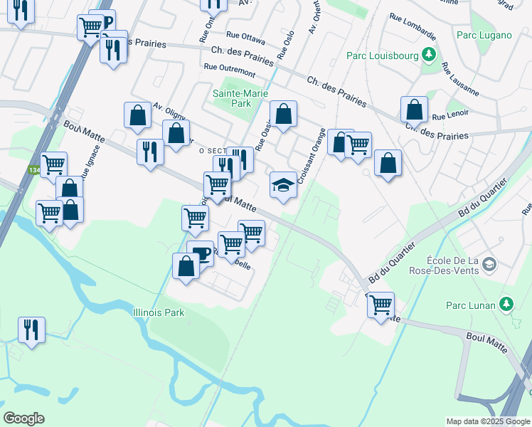 map of restaurants, bars, coffee shops, grocery stores, and more near 3500-3698 Boulevard Matte in Brossard