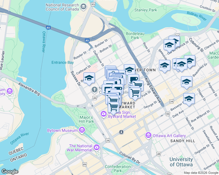 map of restaurants, bars, coffee shops, grocery stores, and more near 225 Saint Patrick Street in Ottawa