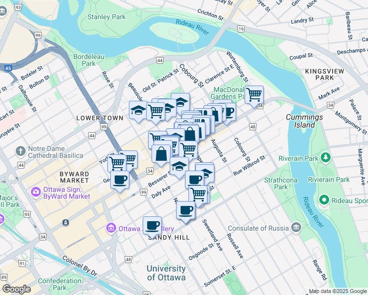 map of restaurants, bars, coffee shops, grocery stores, and more near 165 Chapel Street in Ottawa