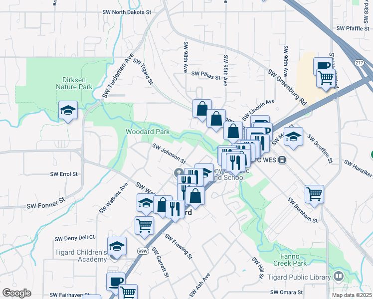 map of restaurants, bars, coffee shops, grocery stores, and more near 12385 Southwest Grant Avenue in Tigard