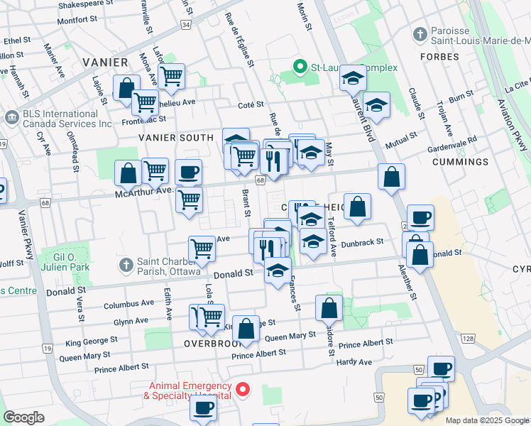 map of restaurants, bars, coffee shops, grocery stores, and more near in Ottawa