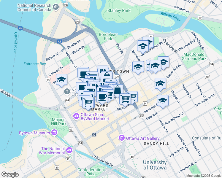 map of restaurants, bars, coffee shops, grocery stores, and more near 179 Clarence Street in Ottawa