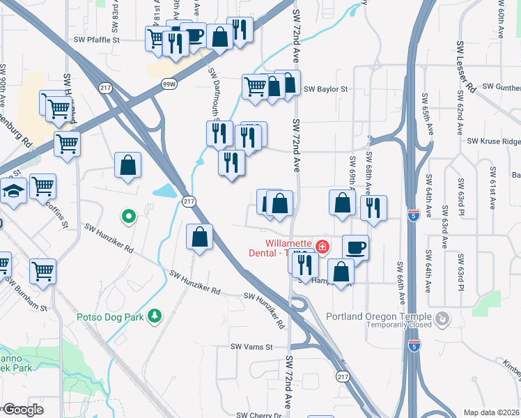 map of restaurants, bars, coffee shops, grocery stores, and more near 7540 Southwest Hermoso Way in Tigard
