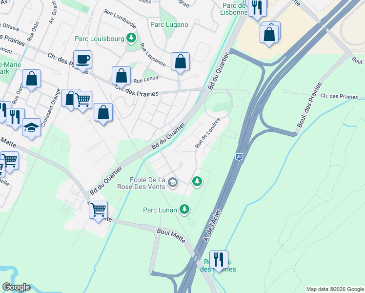 map of restaurants, bars, coffee shops, grocery stores, and more near 6155 Rue de Lusa in Brossard