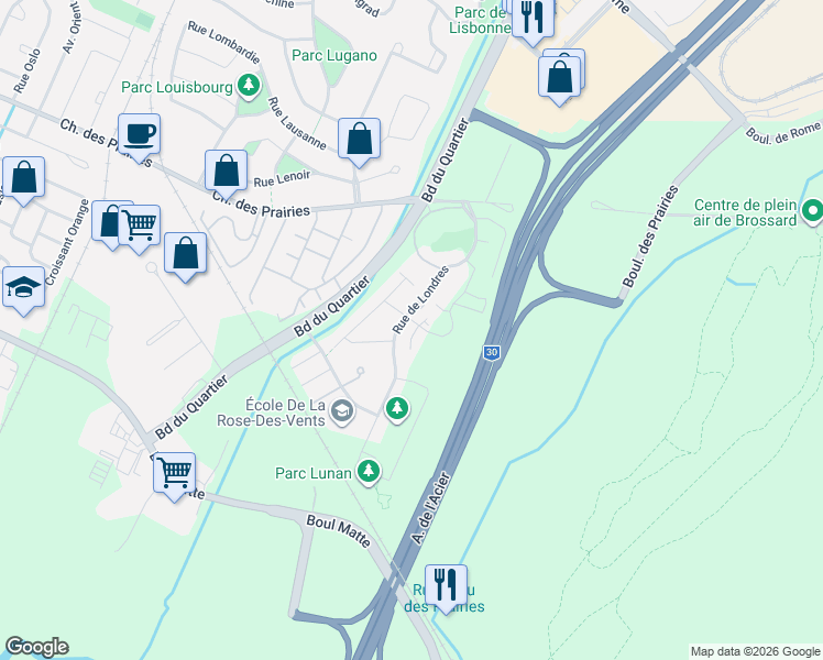 map of restaurants, bars, coffee shops, grocery stores, and more near 9185 Lennon Street in Brossard