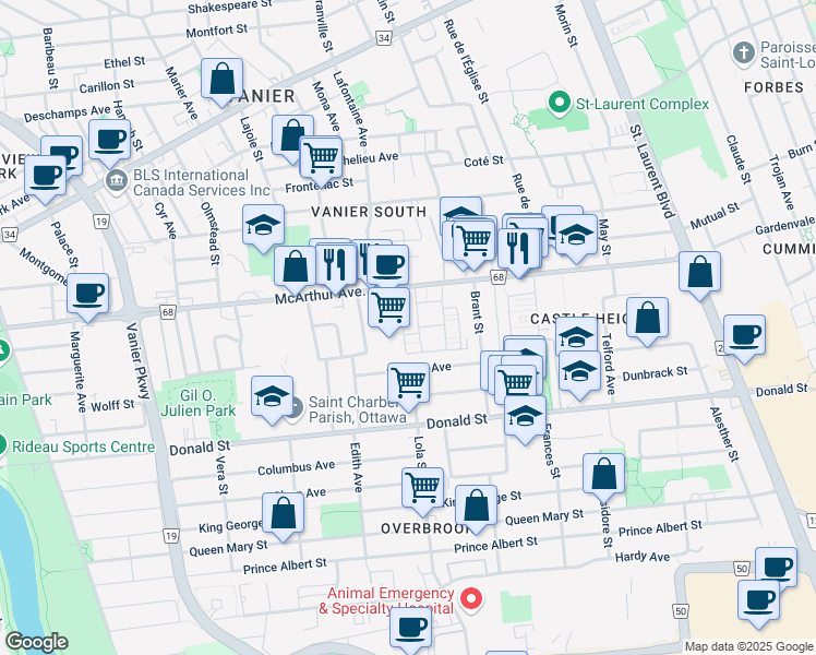 map of restaurants, bars, coffee shops, grocery stores, and more near 388 Irwin Miller Street in Ottawa