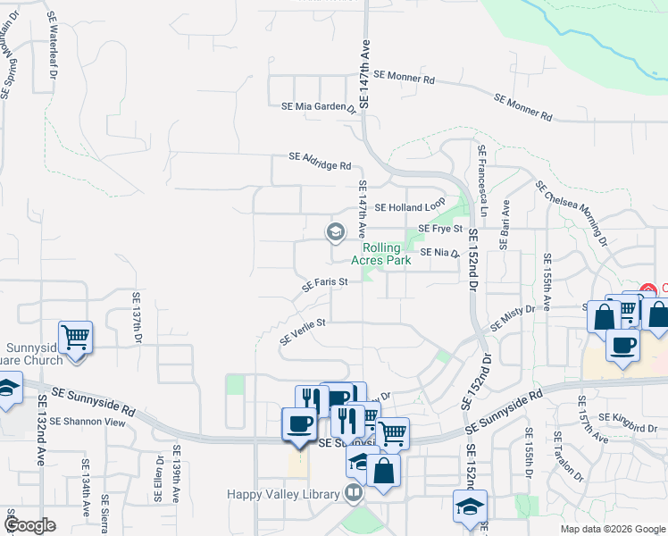 map of restaurants, bars, coffee shops, grocery stores, and more near 14612 Southeast Natalya Street in Happy Valley