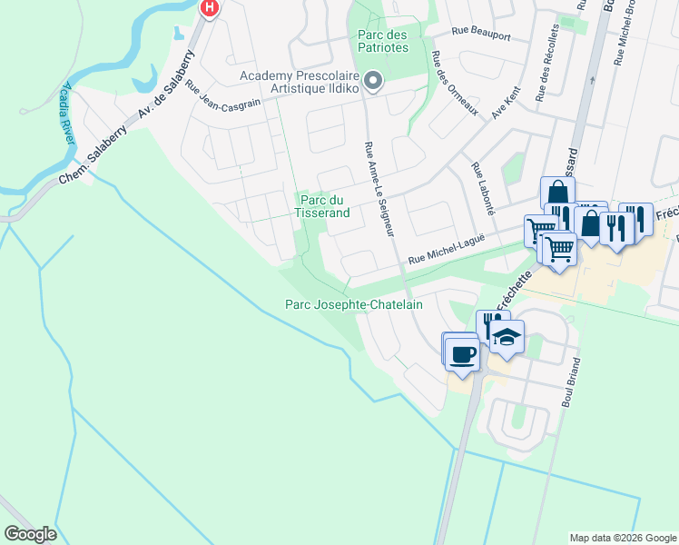 map of restaurants, bars, coffee shops, grocery stores, and more near 1752 Rue du Charron in Chambly