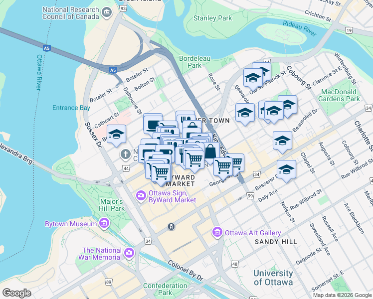 map of restaurants, bars, coffee shops, grocery stores, and more near 180 Murray Street in Ottawa