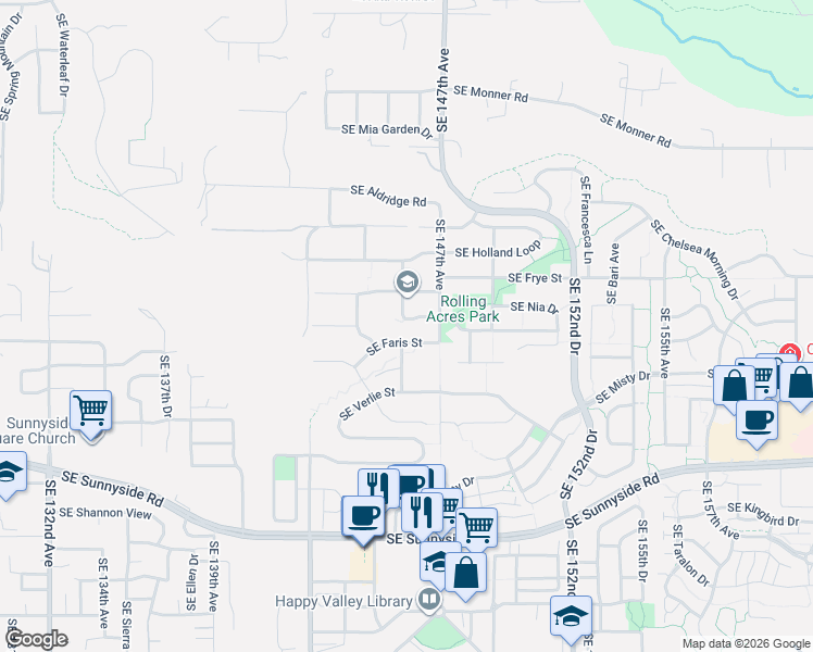 map of restaurants, bars, coffee shops, grocery stores, and more near 14612 Southeast Natalya Street in Happy Valley