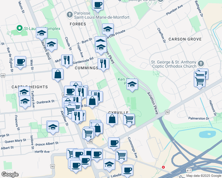 map of restaurants, bars, coffee shops, grocery stores, and more near 1132 Snow Street in Ottawa