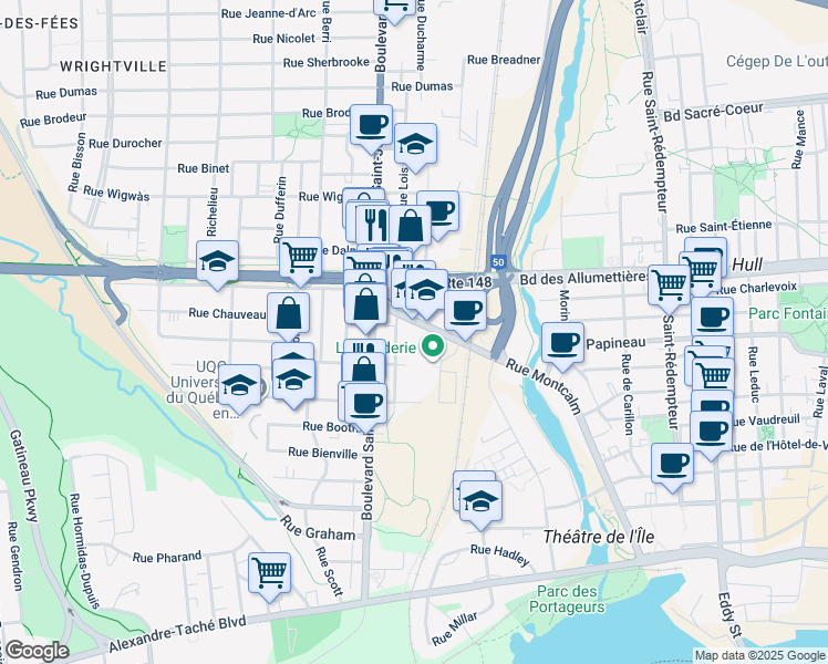 map of restaurants, bars, coffee shops, grocery stores, and more near in Gatineau