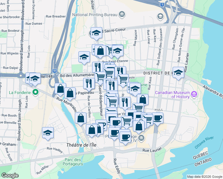 map of restaurants, bars, coffee shops, grocery stores, and more near 168 Rue Eddy in Gatineau