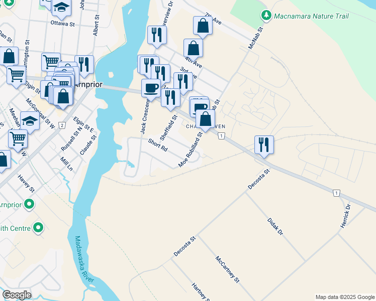 map of restaurants, bars, coffee shops, grocery stores, and more near 49 Melville Road in Arnprior